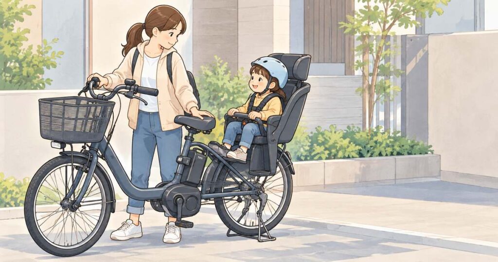 停車した子ども乗せ自転車を横から両手で支える親