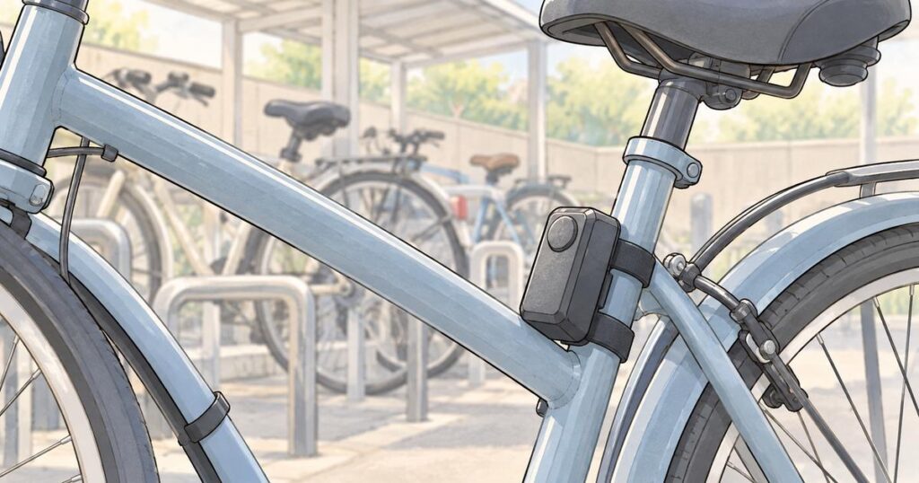駐輪場の自転車フレームに取り付けられた盗難防止アラーム
