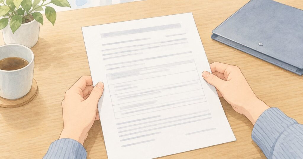 自宅のテーブルで届出書類を確認する手元