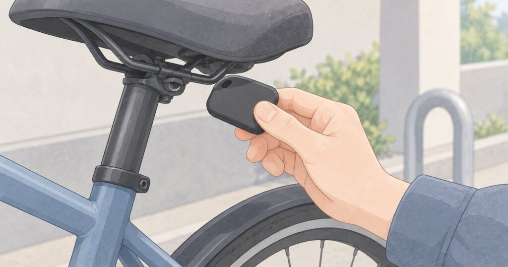 自転車のサドル下に小型デバイスを近づけて確認する手元
