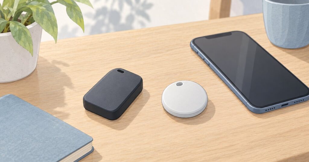机上に置かれた形状の異なる2種類の位置確認デバイスとスマートフォン