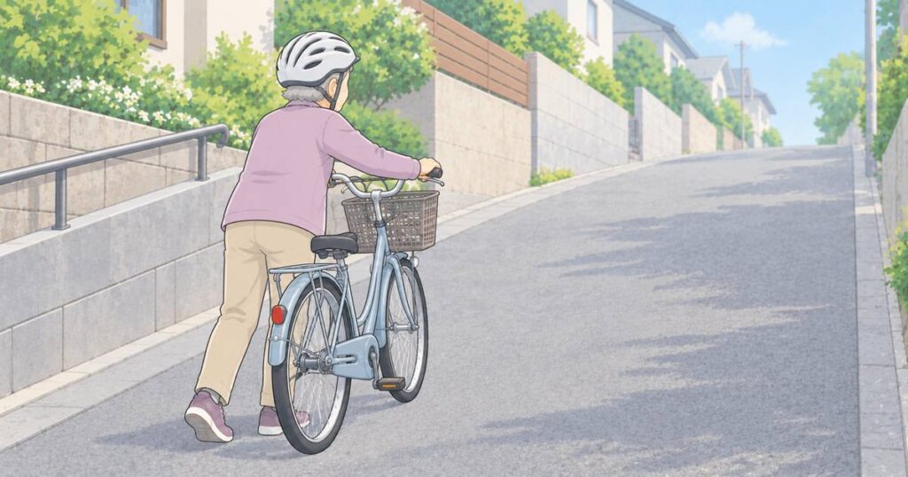 住宅地の上り坂で自転車を降りて押して歩く高齢者