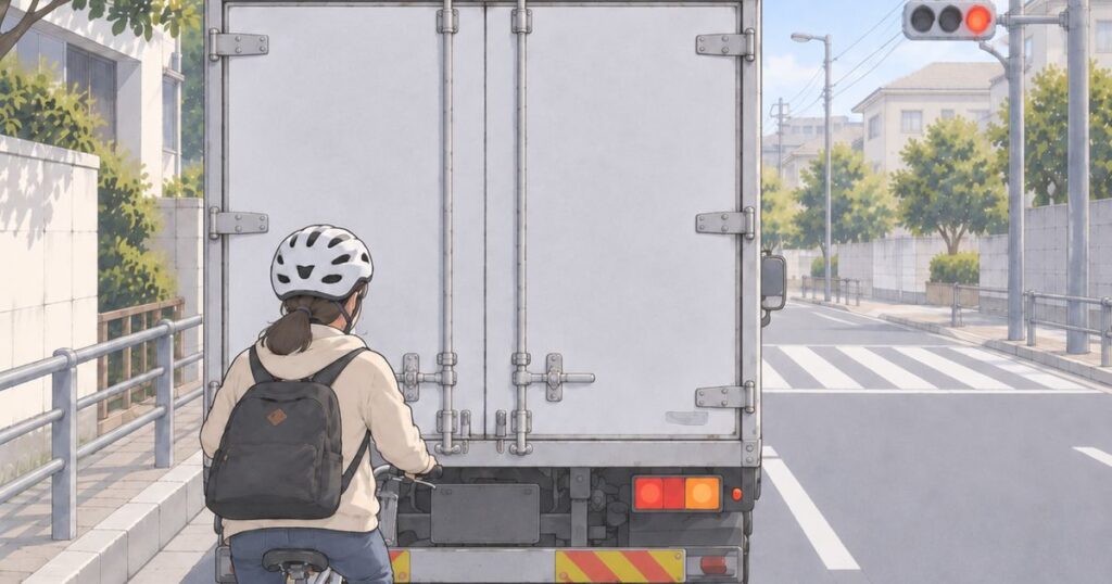 前方のトラックで対向車が見えない状態で信号待ちする自転車利用者のイラスト