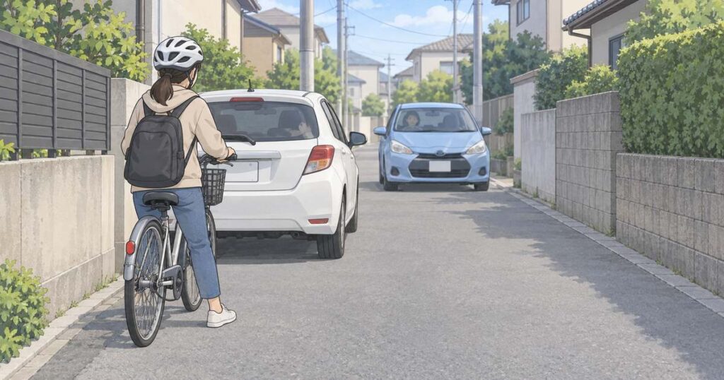 駐車車両の後方で足を着き対向車の通過を待つ自転車利用者
