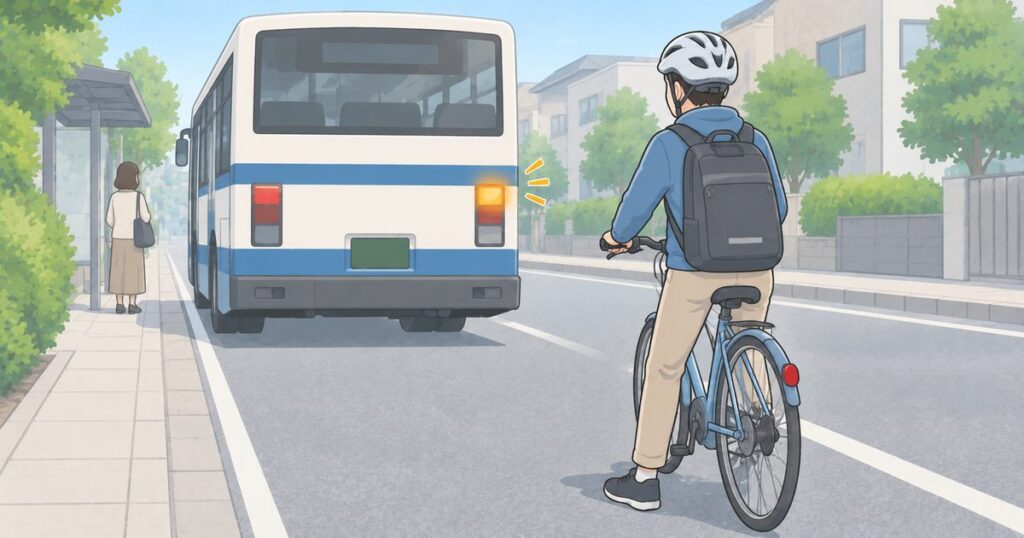 発進合図を出した路線バスの後方で停止して待つ自転車利用者