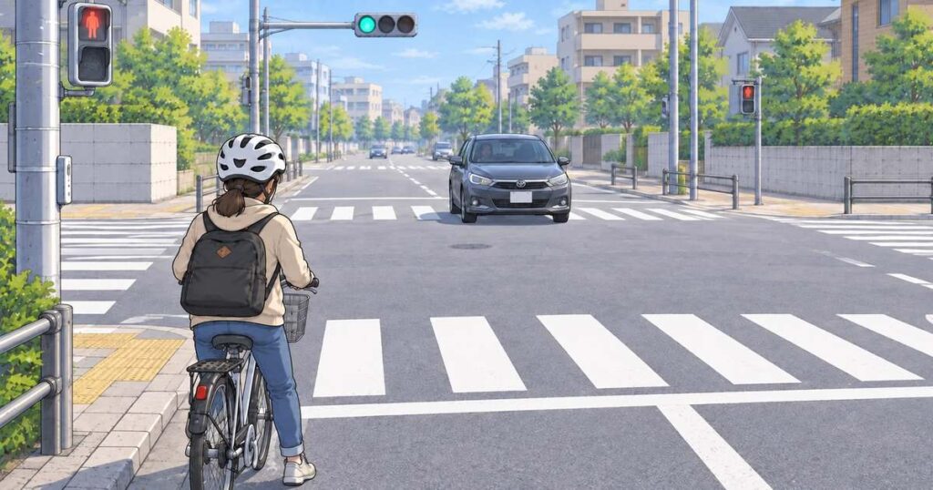対向車が交差点に入ったため、手前で停止して様子を見る自転車利用者のイラスト