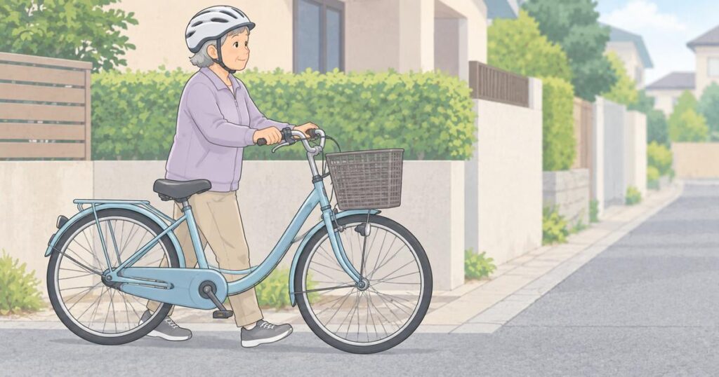 住宅地の歩道で自転車を降りて押して歩く高齢者