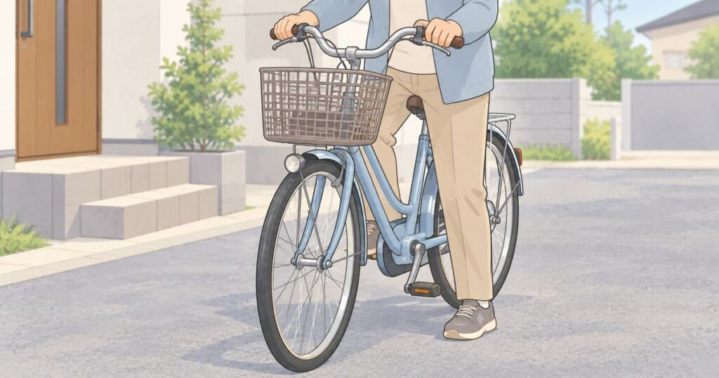 自宅前で片足を地面につけ、自転車を停止させて姿勢を確認する高齢者