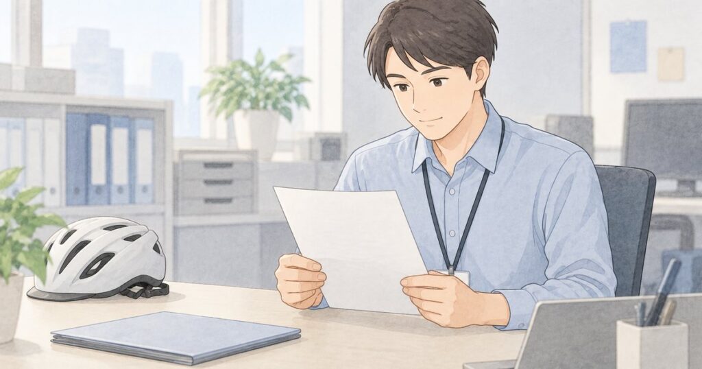 職場のデスクで手続き書類を確認する人と通勤用ヘルメット