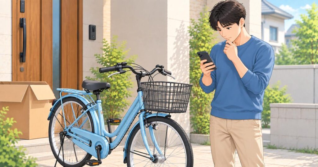 自転車の組み立てに不安がありスマホで相談先を確認する様子