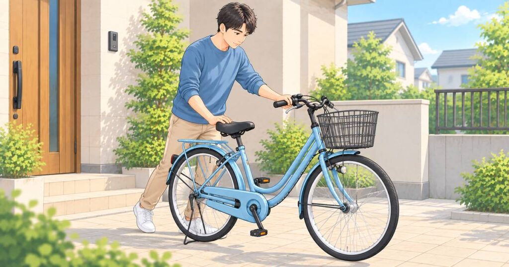 初めて走る前に自転車を押しながら全体を確認する様子