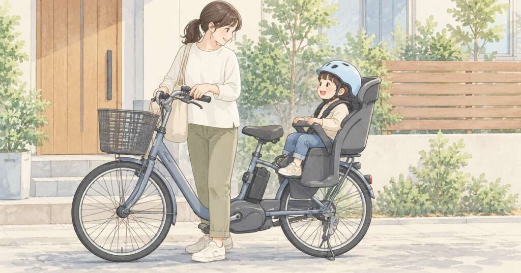 子どもを後部座席に乗せた子ども乗せ自転車の生活場面