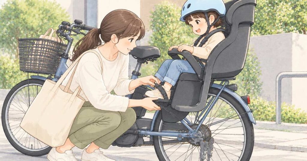 子ども乗せ自転車の幼児用座席と足乗せ部を確認する場面