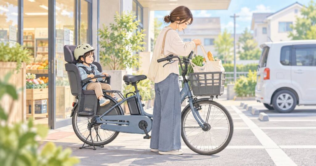 買い物先で子どもを後部座席に乗せた子ども乗せ自転車の場面