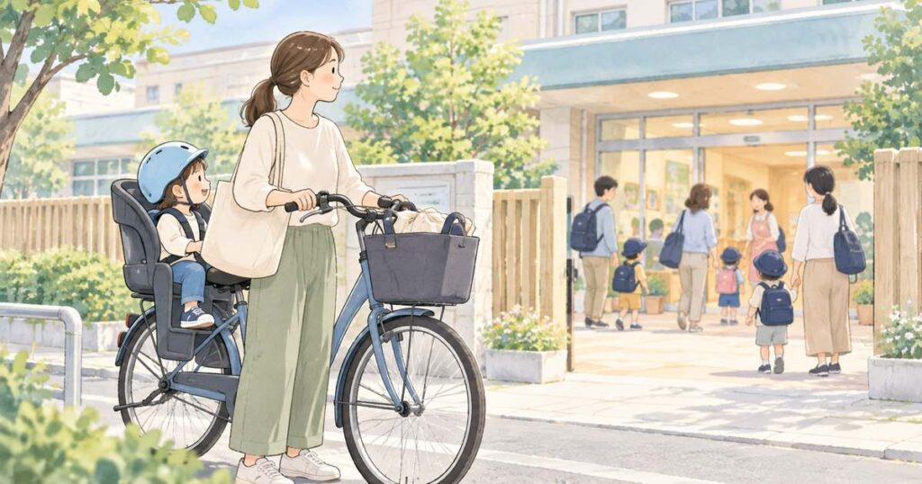 保育施設への送迎で子ども乗せ自転車を利用する親子の場面