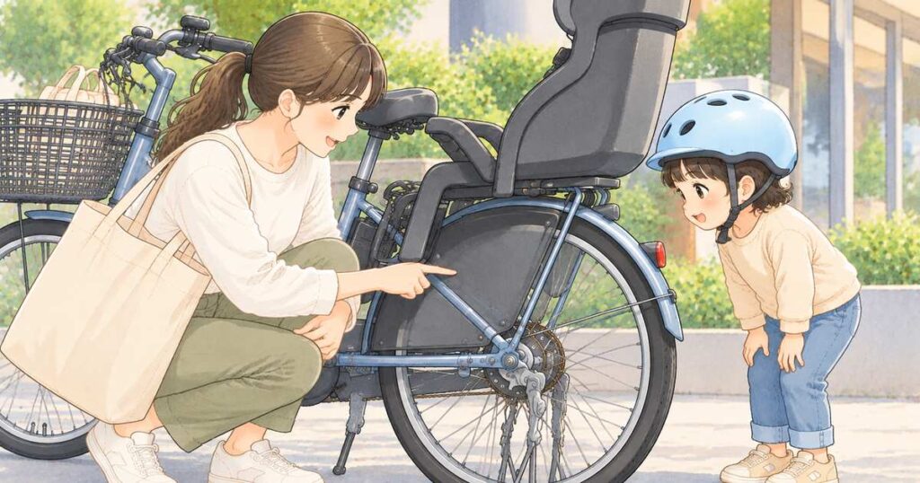 子ども乗せ自転車の後輪ドレスガードを親子で確認する場面