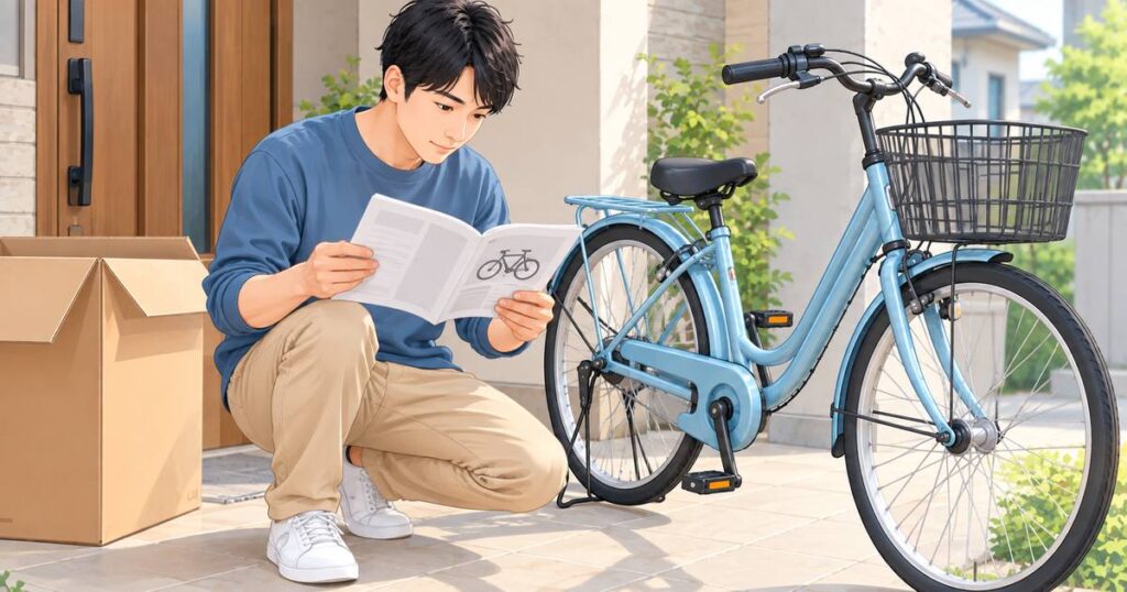 自転車の取扱説明書を見ながら組み立て箇所を確認する様子