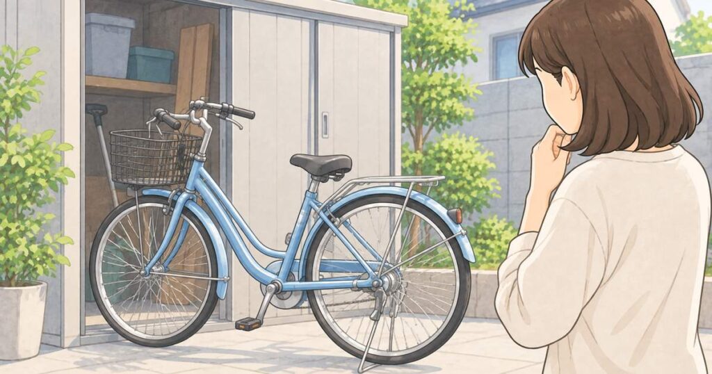 物置前で長く使っている自転車を確認する人