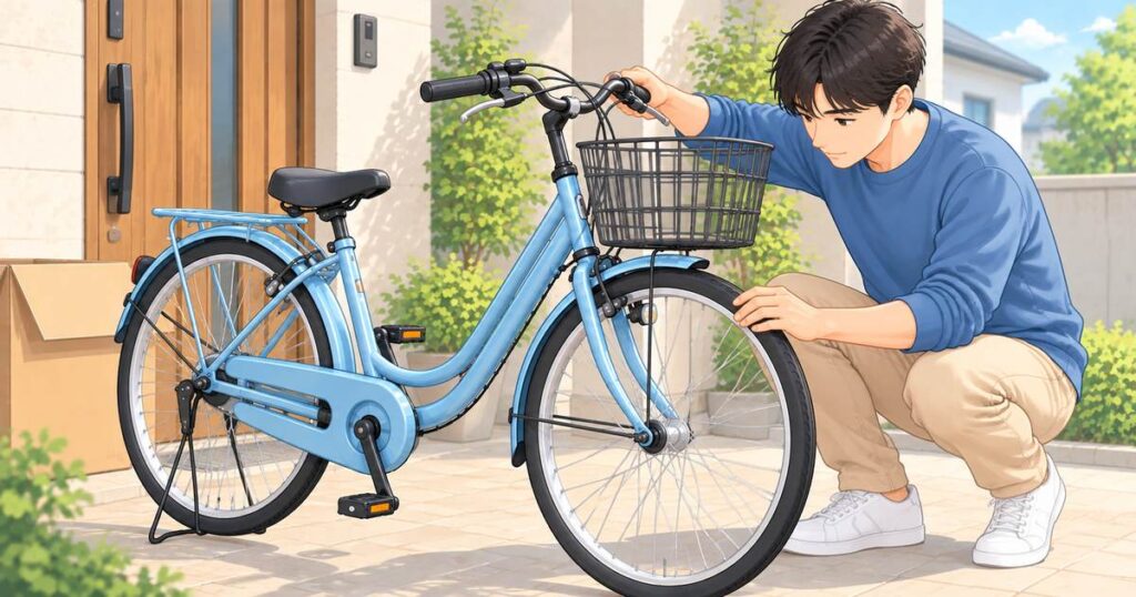 自転車のハンドルや車輪などの取り付け状態を確認する様子