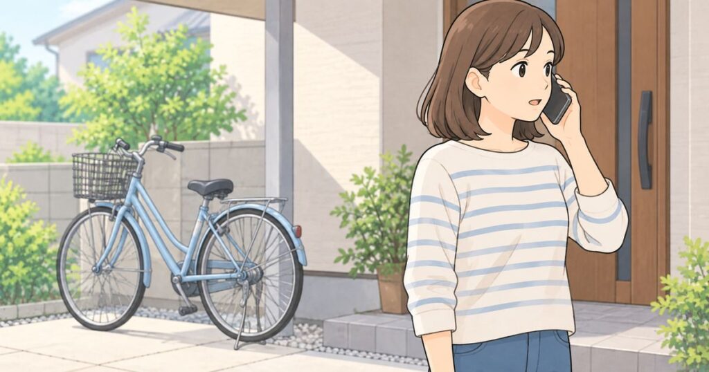 停めた自転車のそばで電話連絡をする利用者