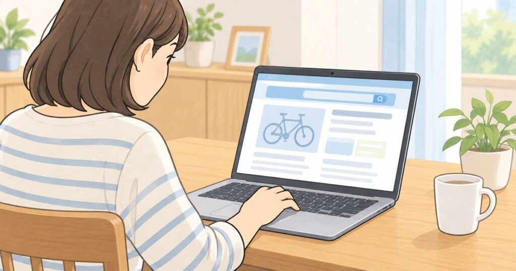 自宅の机でパソコンを使いリコール情報を確認する人