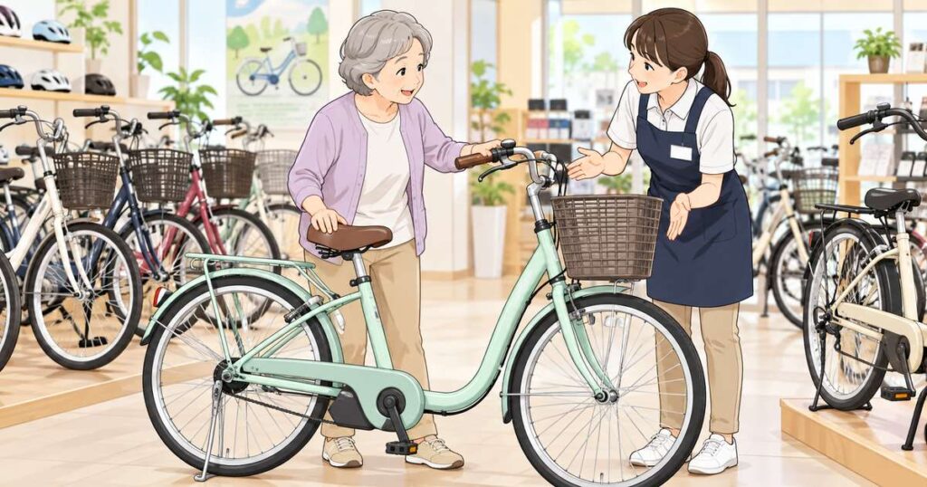 自転車販売店でシニア女性が店員に相談しながら、またぎやすい低床型自転車を確認しているイラスト