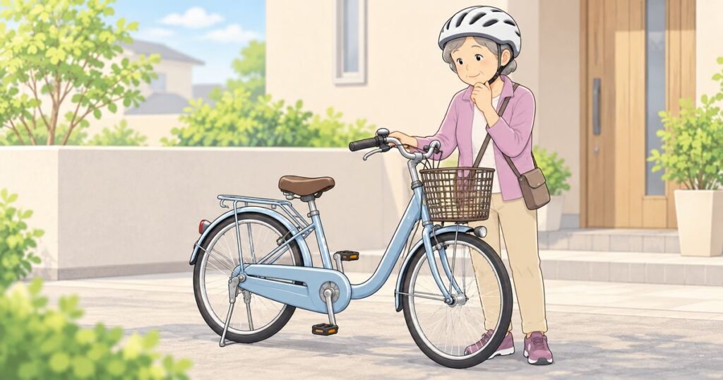 住宅前で自転車の横に立った高齢女性が、車体を見ながら使いにくさを考えているイラスト