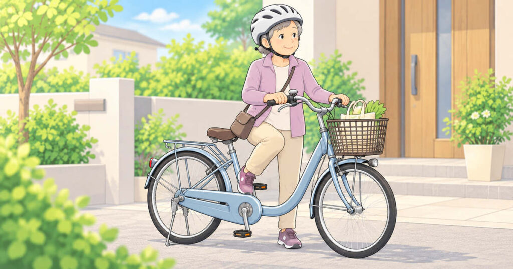 高齢女性が低床型の自転車にまたがり、片足を地面につけて足つきを確かめているイラスト