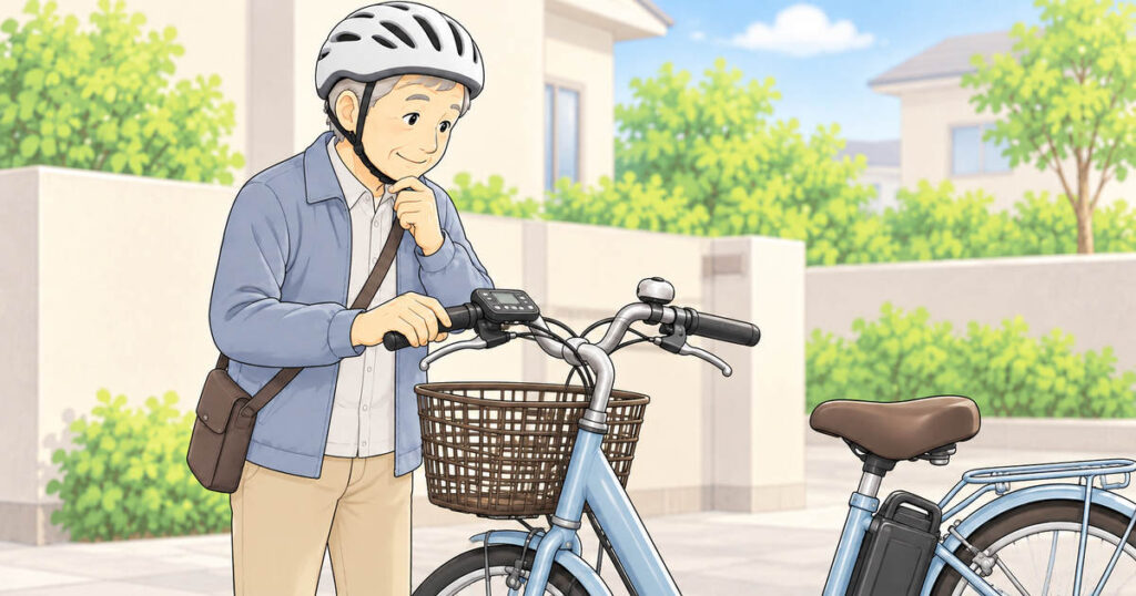 高齢男性が電動アシスト自転車のハンドル操作部を確認しているイラスト